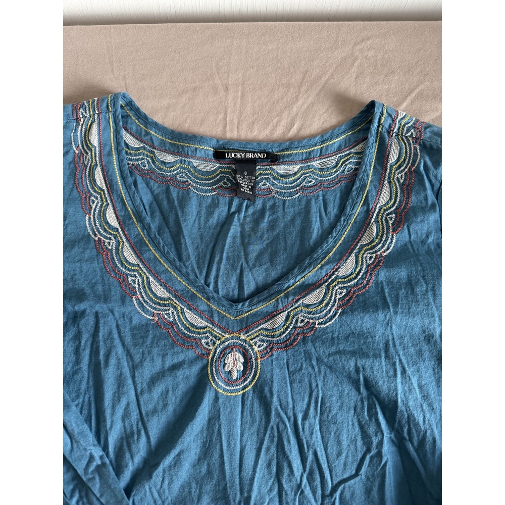 Lucky Brand Shirt Womens Small Blue Embroidered Scallop Boho‎ Tunic Long Sleeve - Picture 2 of 12